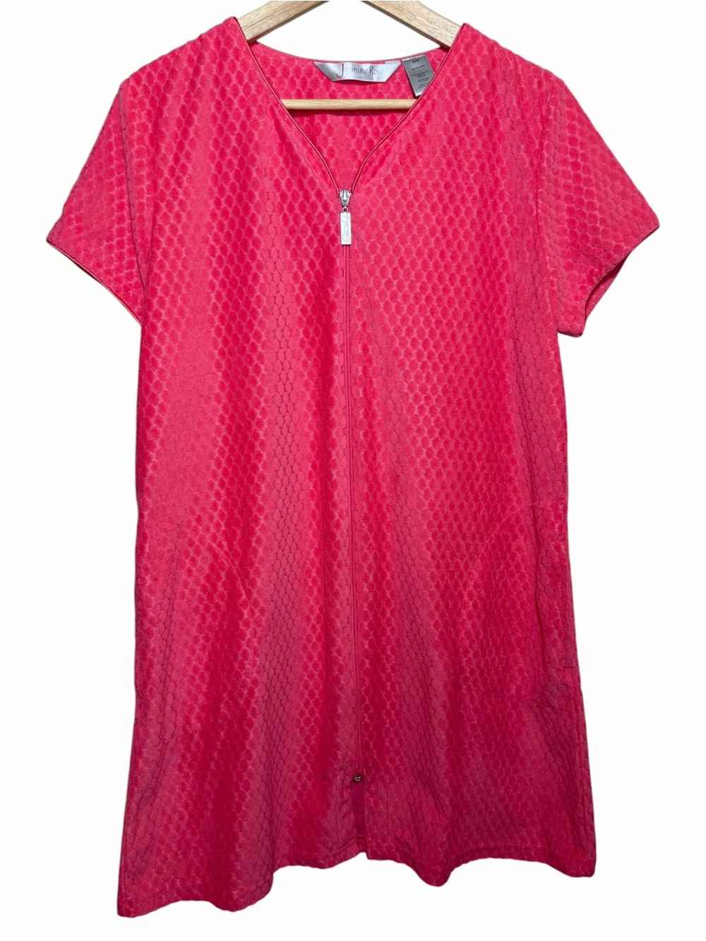 Jasmine Rose Pink Terry Cloth Zip Robe Women Sz M Textured Short Slv Full Pocket
